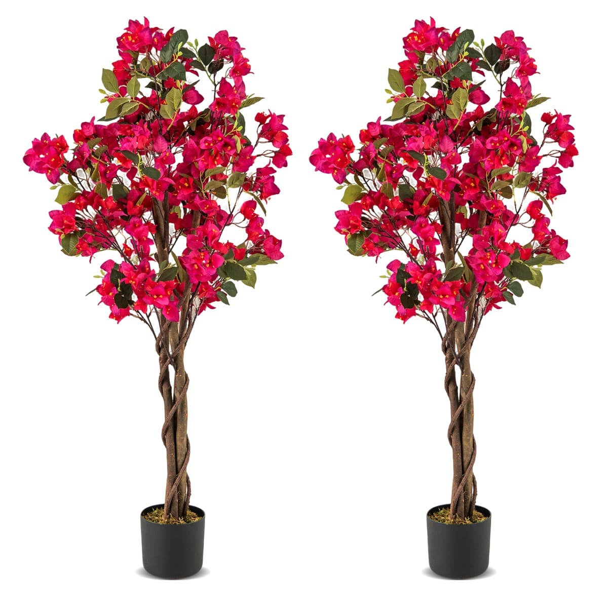 CostwayLot de 2 Plantes Artificielles Bougainvillier de 120cm Plante Fleurie Faussée en Pot de Pépinière avec Fleurs en Pleine Floraison Rose
