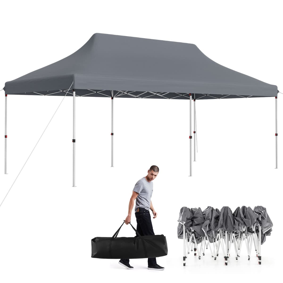 CostwayTente Escamotable 300 x 600 Cm Tente de Fête Pliante Étanche avec Sac de Transport Protection Solaire Tonnelle Extérieure Robuste pour Patio