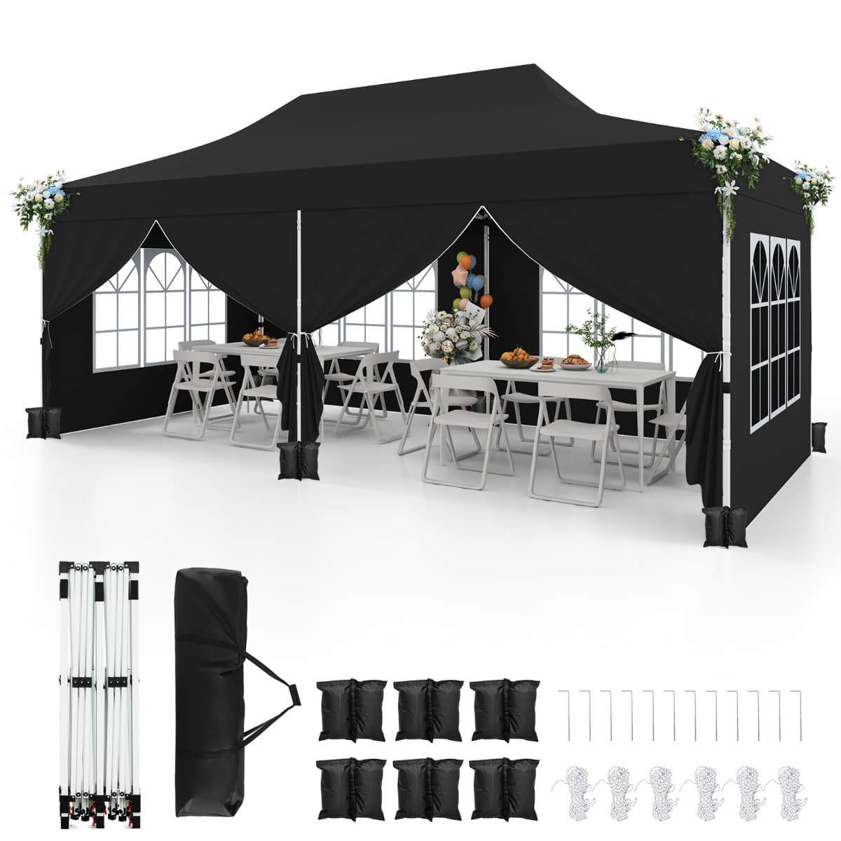 CostwayTonnelle de Jardin 3x6M avec 6 Parois Latérales Amovibles Tente de Reception Escamotable avec Sac de Transport Protection Solaire Noir