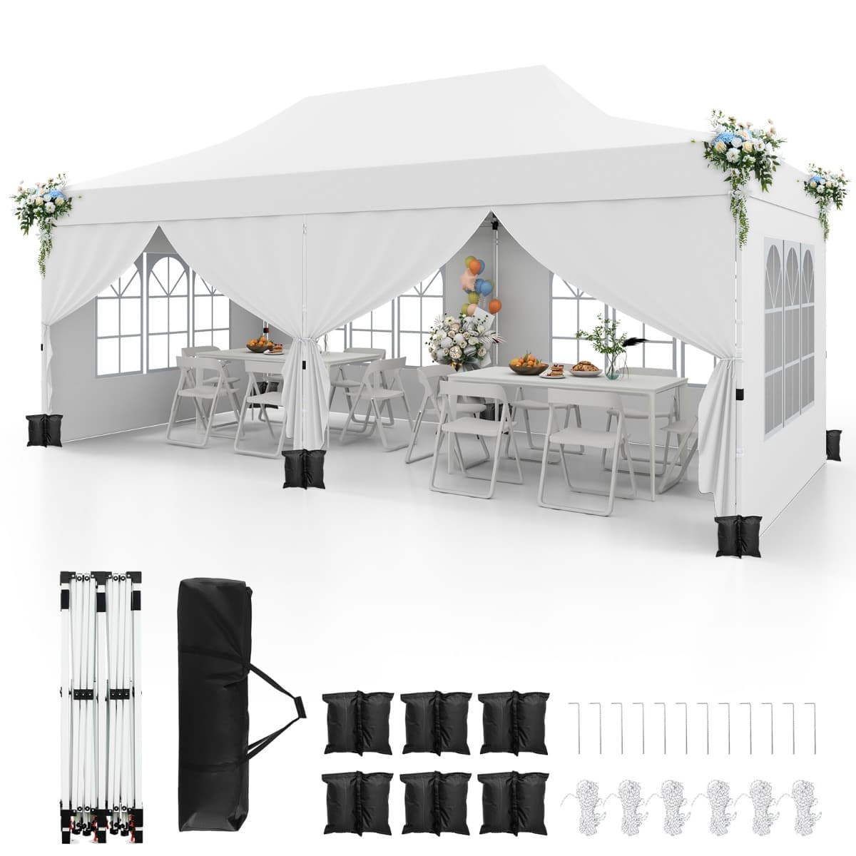 CostwayTonnelle de Jardin 3x6M avec 6 Parois Latérales Amovibles Tente de Reception Escamotable avec Sac de Transport Protection Solaire Blanc