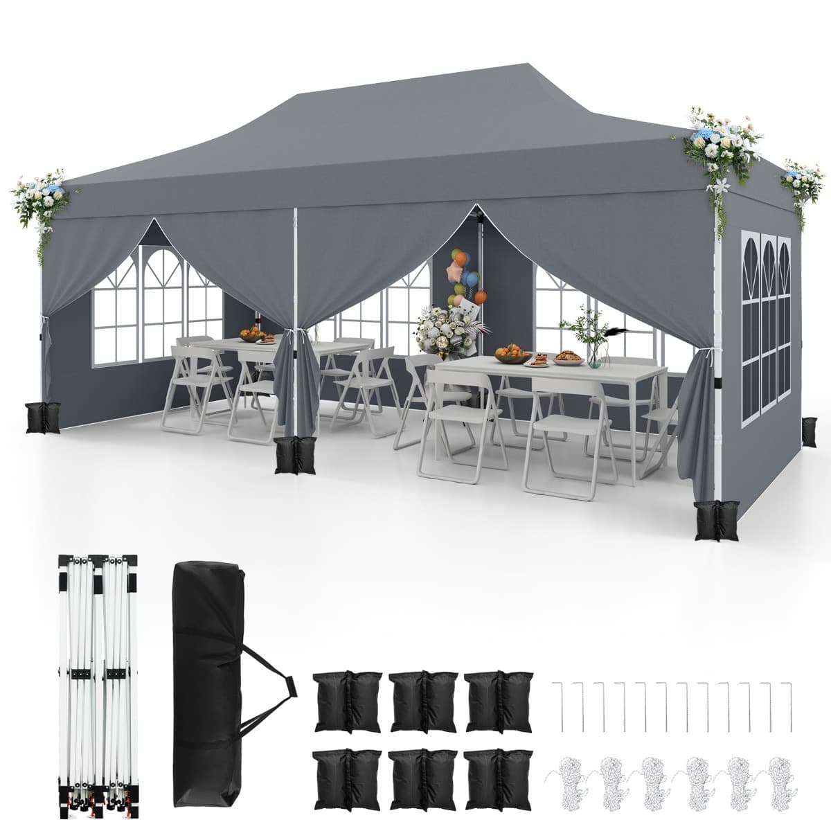 CostwayTonnelle de Jardin 3x6M avec 6 Parois Latérales Amovibles Tente de Reception Escamotable avec Sac de Transport Protection Solaire Gris